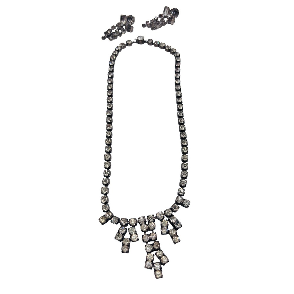 Vintage Czechoslovakia Rhinestone Choker Necklace and Screw Back Earrings‎ Set